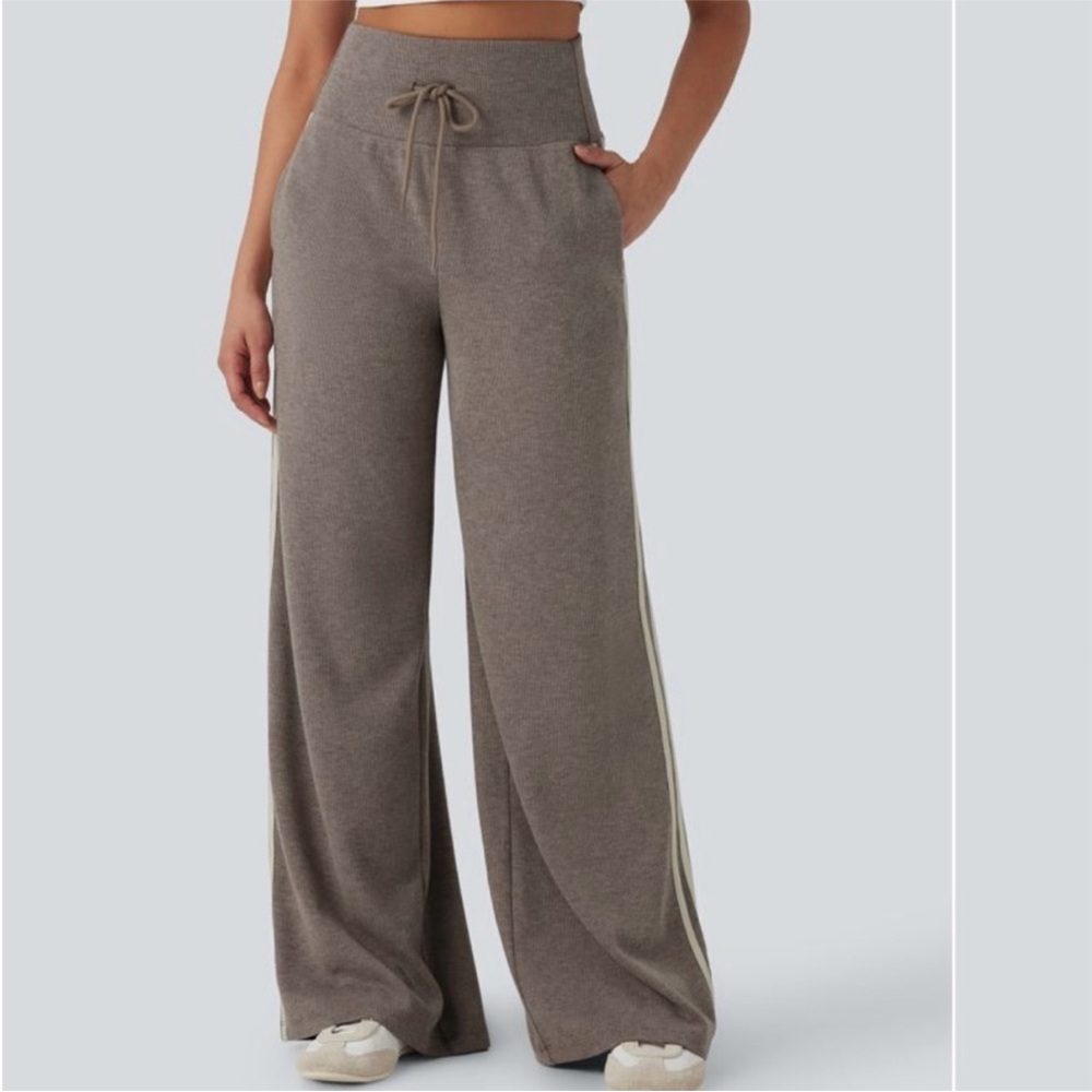 Ribbed Knit High Waisted Tummy Control Drawstring Casual Wide Leg Pants Pockets - Picture 3 of 9
